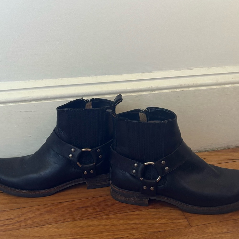 Frye Black Leather Ankle Boots with Buckle Detail